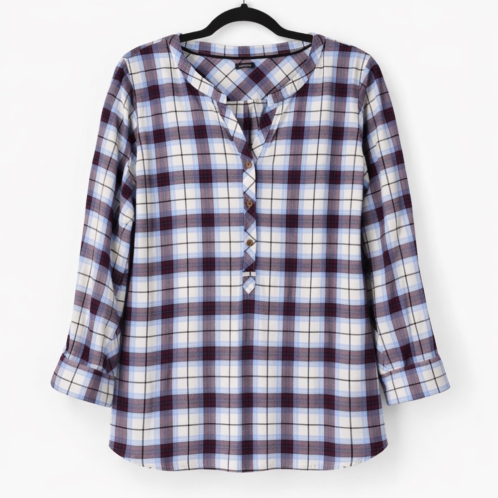 Lands End Plaid Henley Tunic Womens 18W Blue Burgundy Cotton Preppy Classic